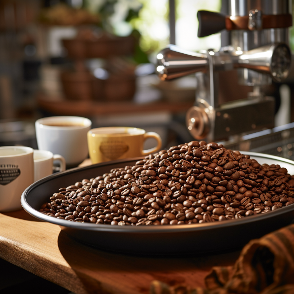Fresh roasted coffee beans in a tray