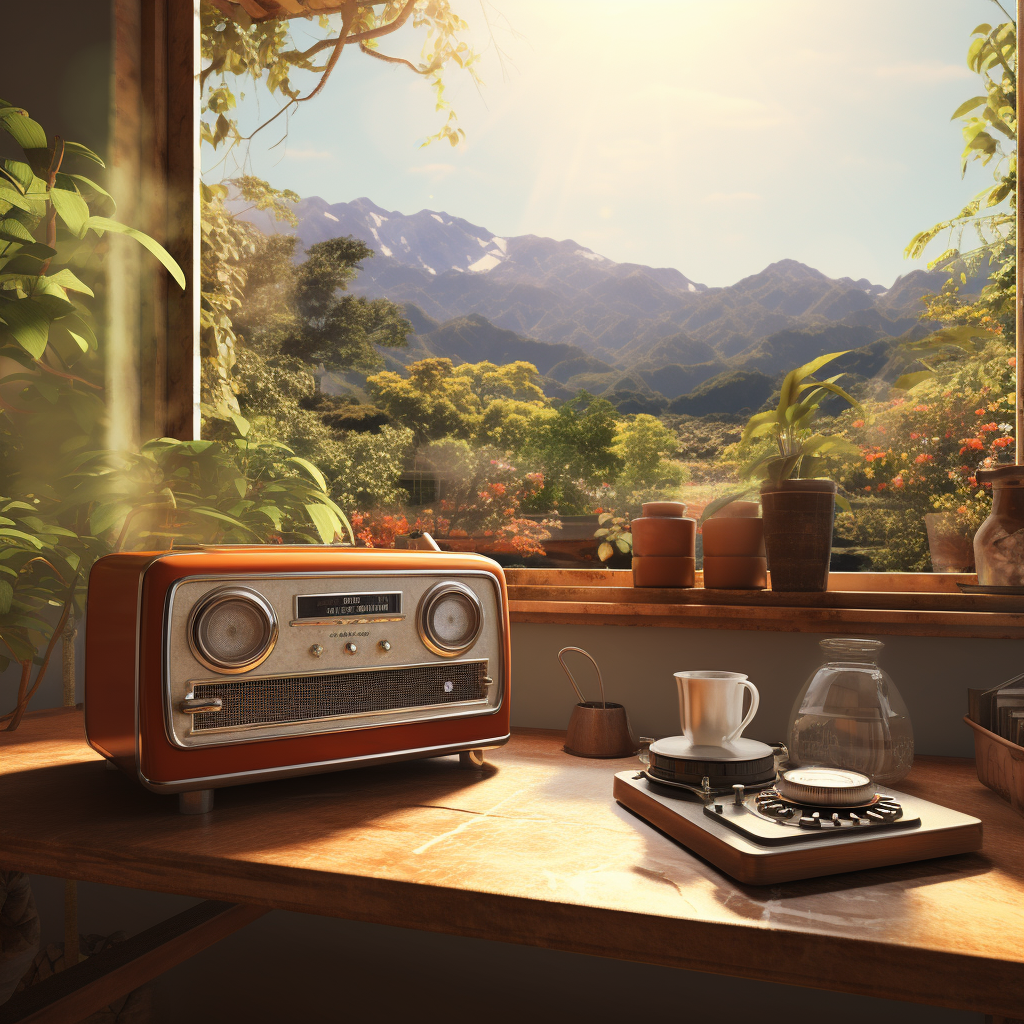 Vintage radio playing the news on a table by the window overlooking the mountains